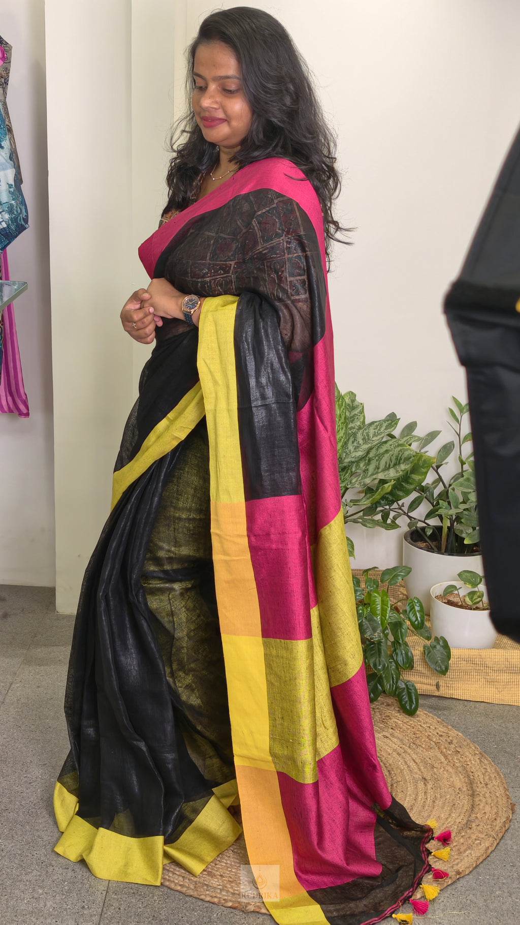 Linen saree - black with pink and lime green