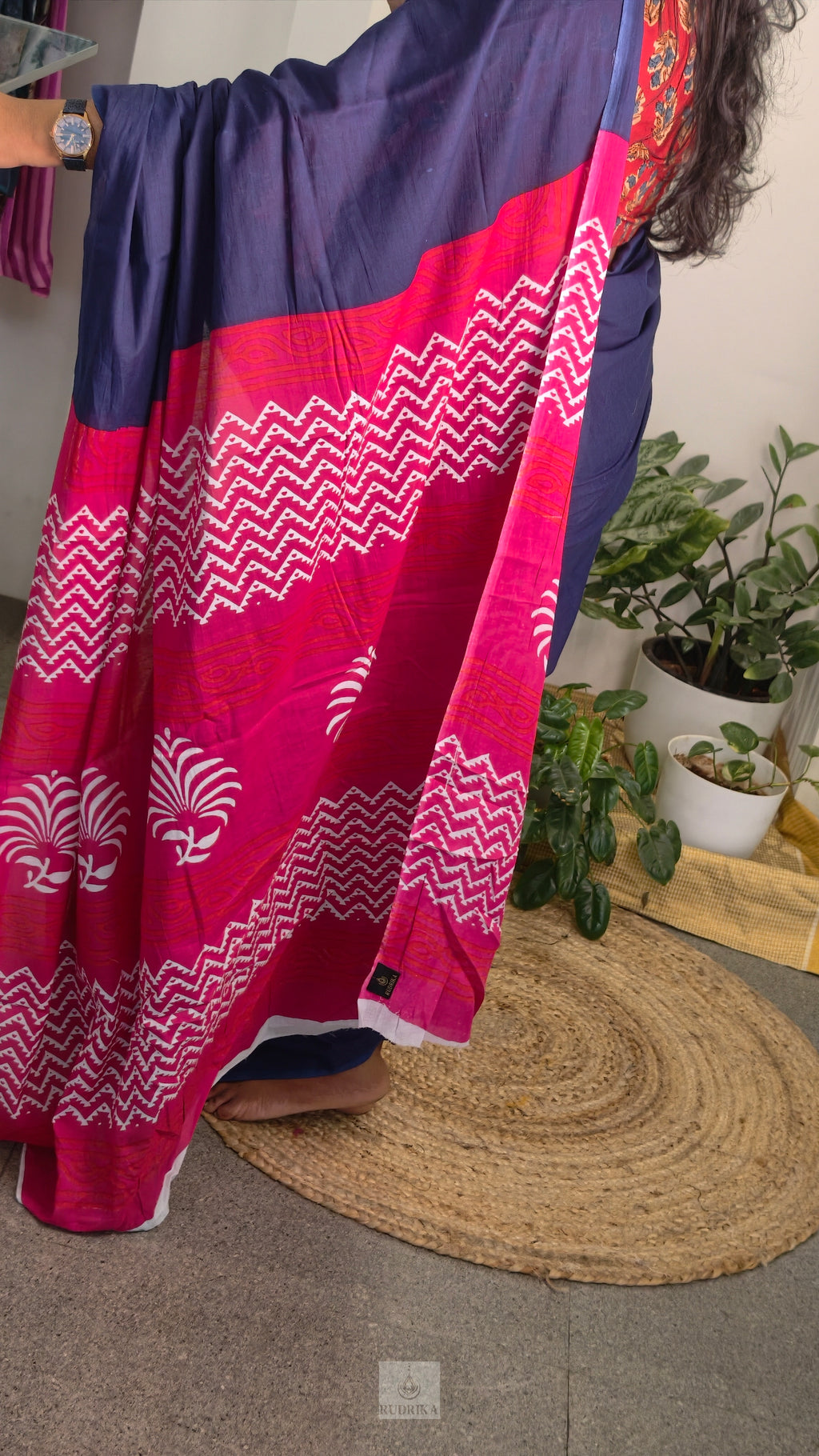 Soft Cotton Saree - blue and pink