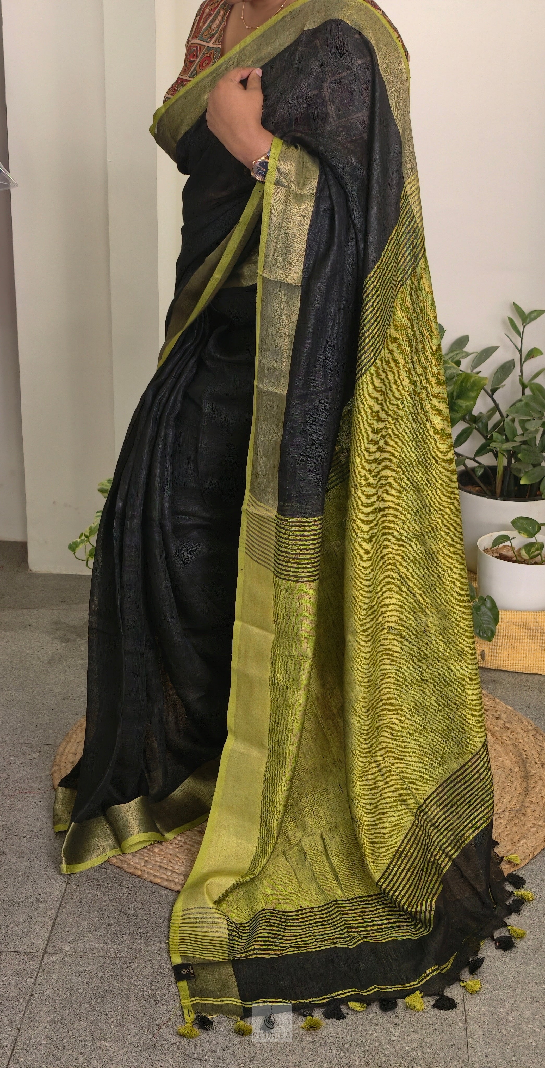 Linen saree - black with lime green border