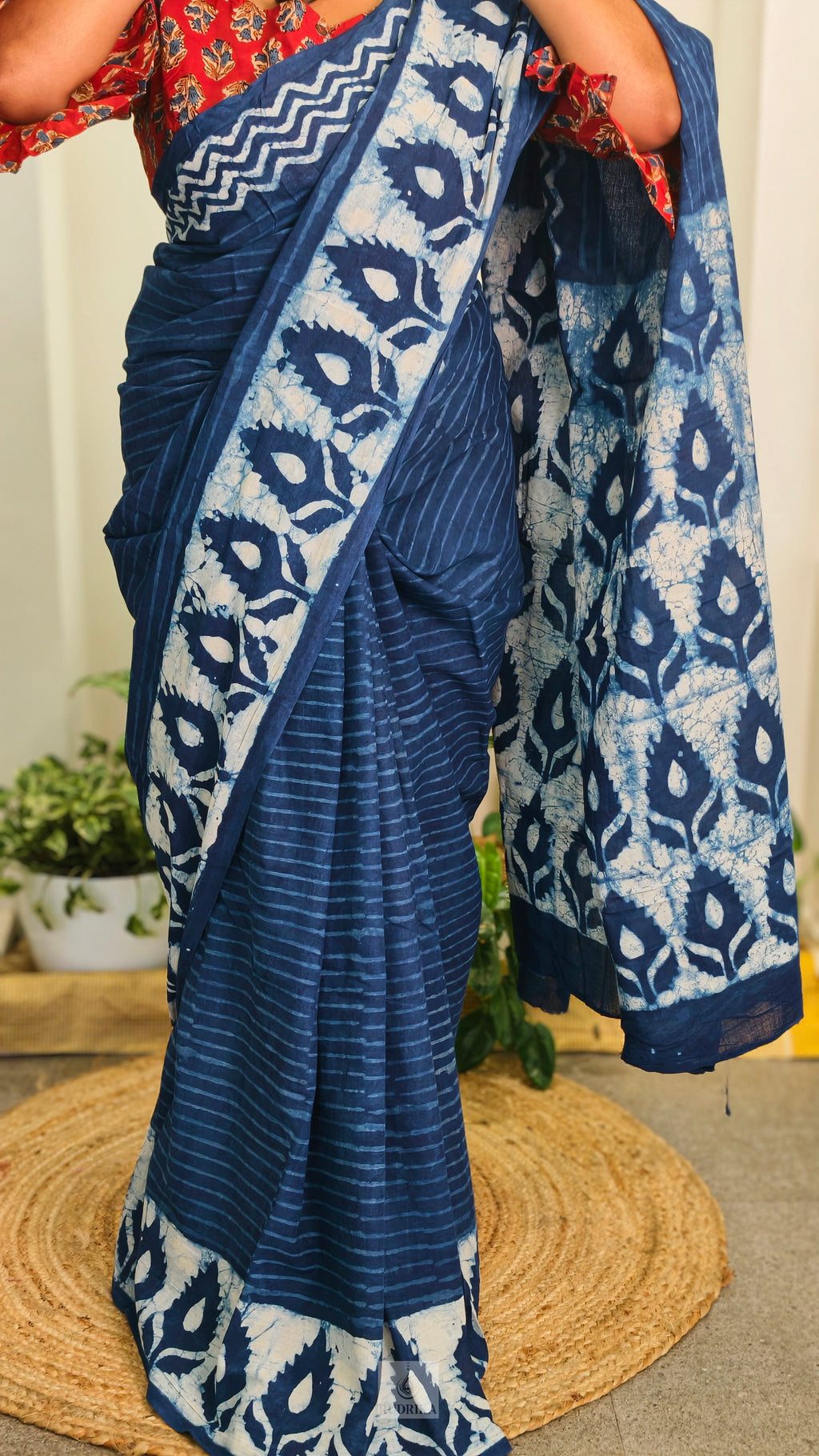 Soft cotton saree - indigo with stripes and flower motifs