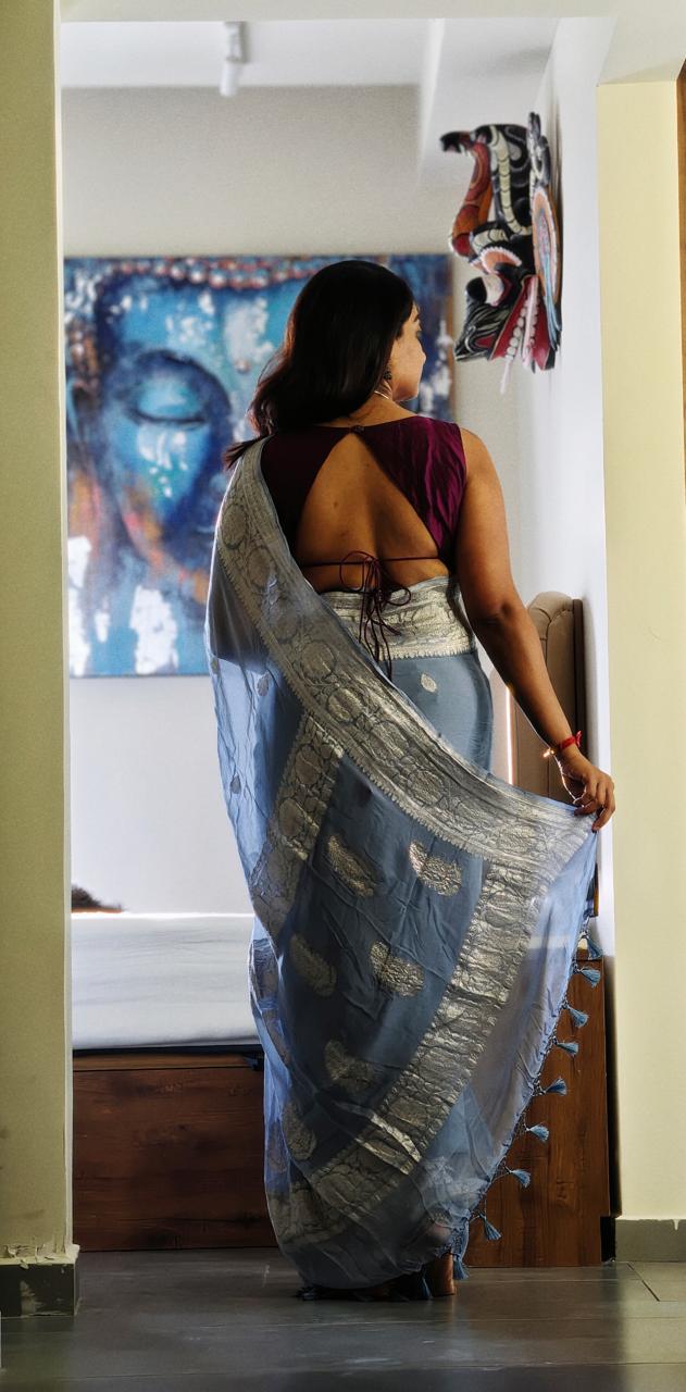 Georgette Banarasi with Silver Zari