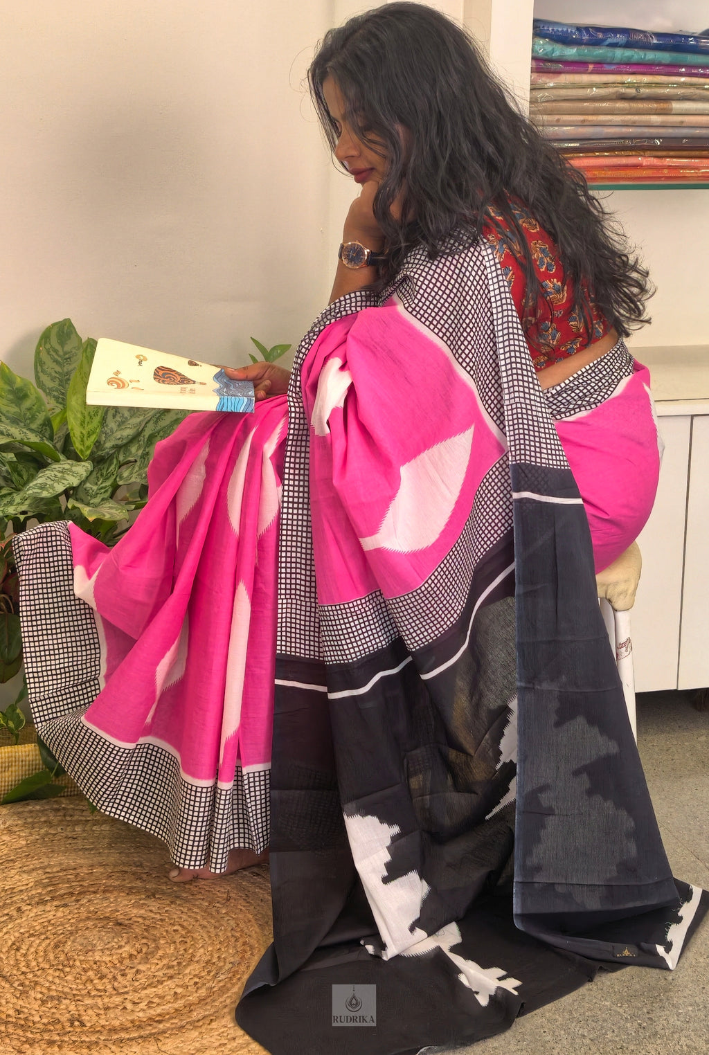 Soft cotton saree - pink and black