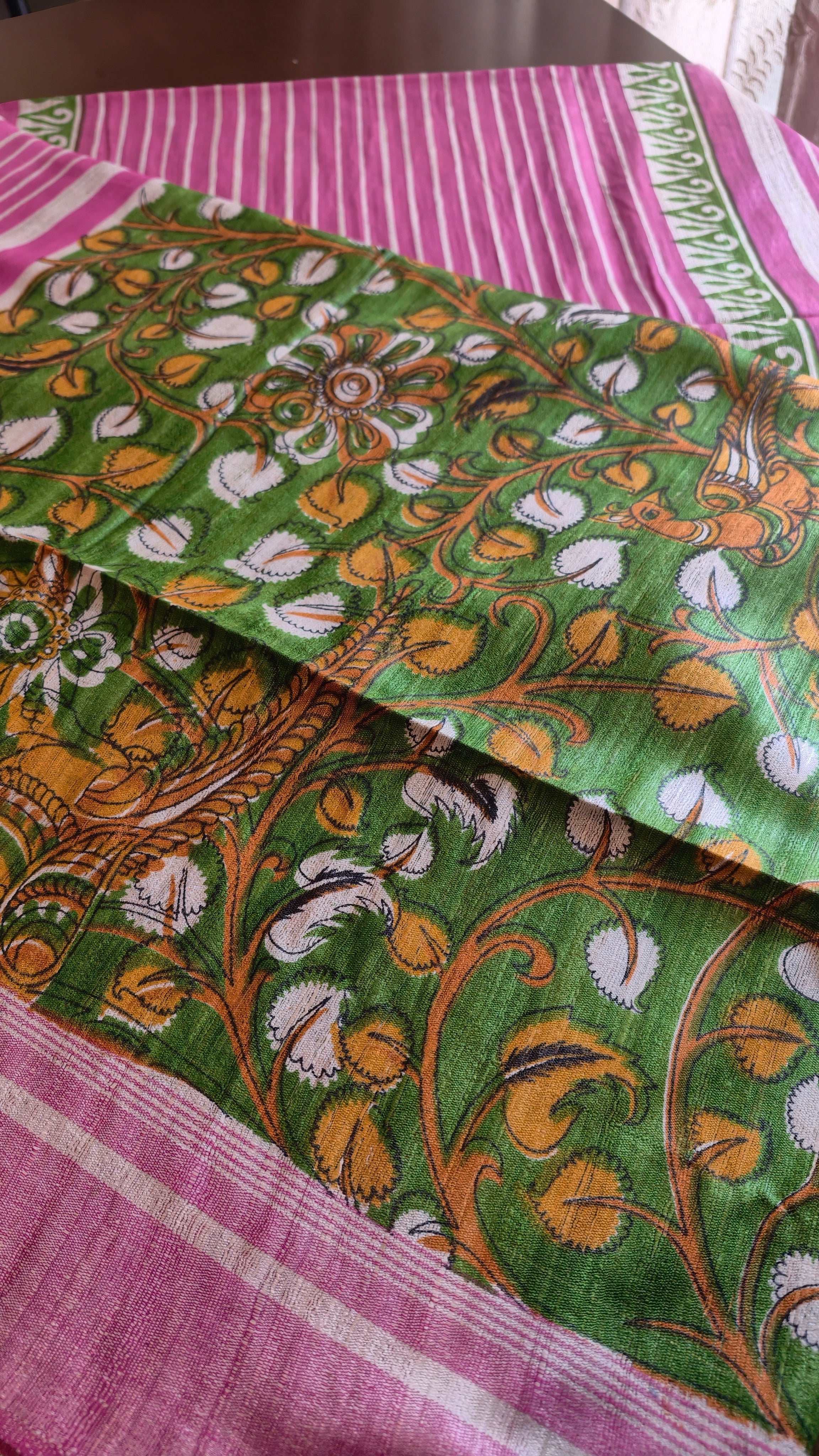 Ghicha Tussar - pink and green