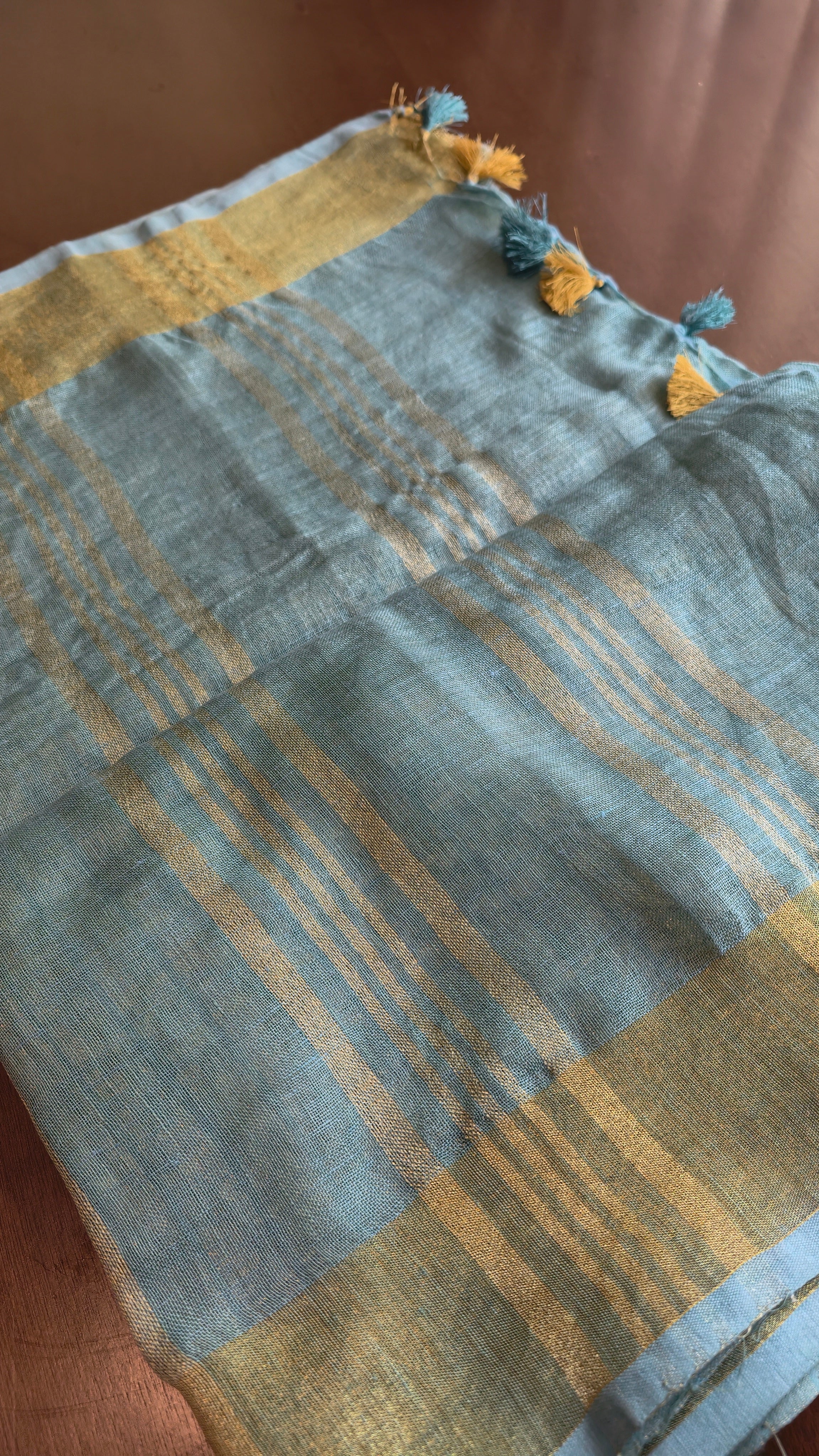 Linen - sea blue with gold zari