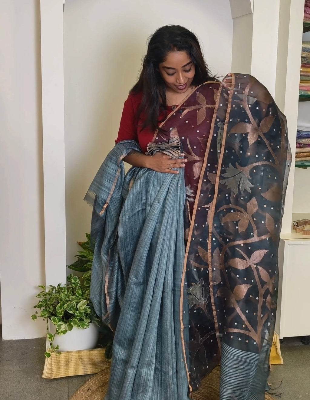 Jamdani Muslin Tussar Silk Saree