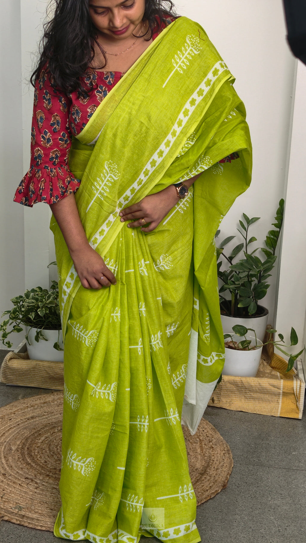 Soft cotton saree - lime green