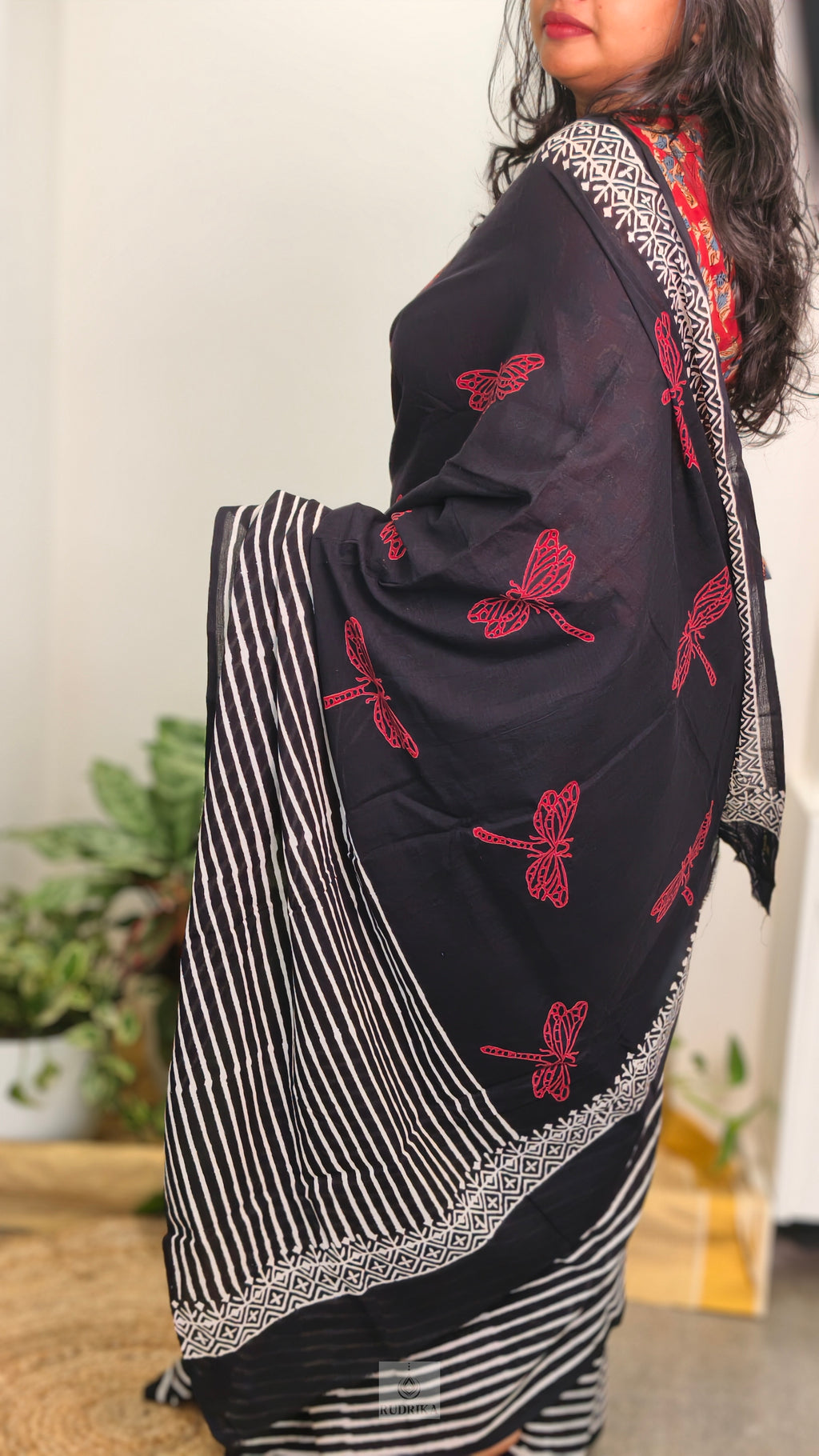 Soft cotton saree - black with red dragon flies