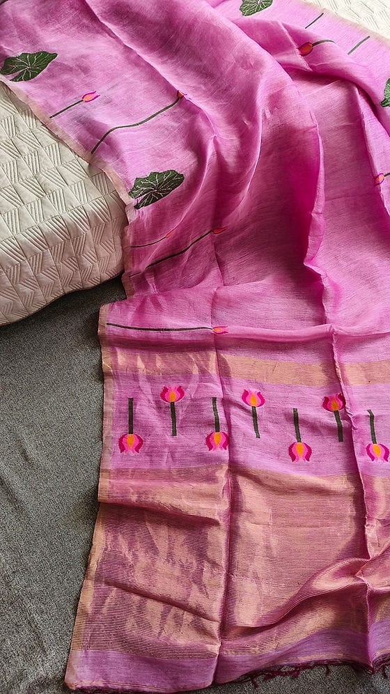 Silk Linen Sarees-Tulip style Floral Motifs