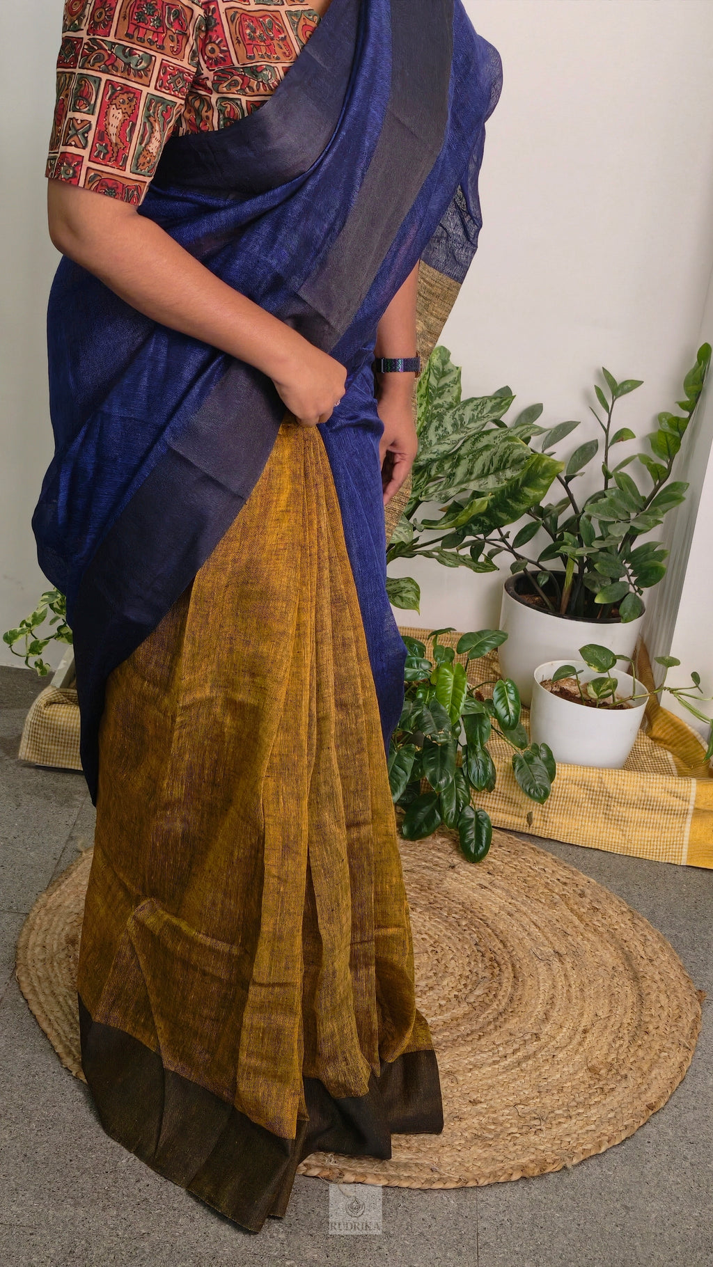 Linen saree - navy blue and brown