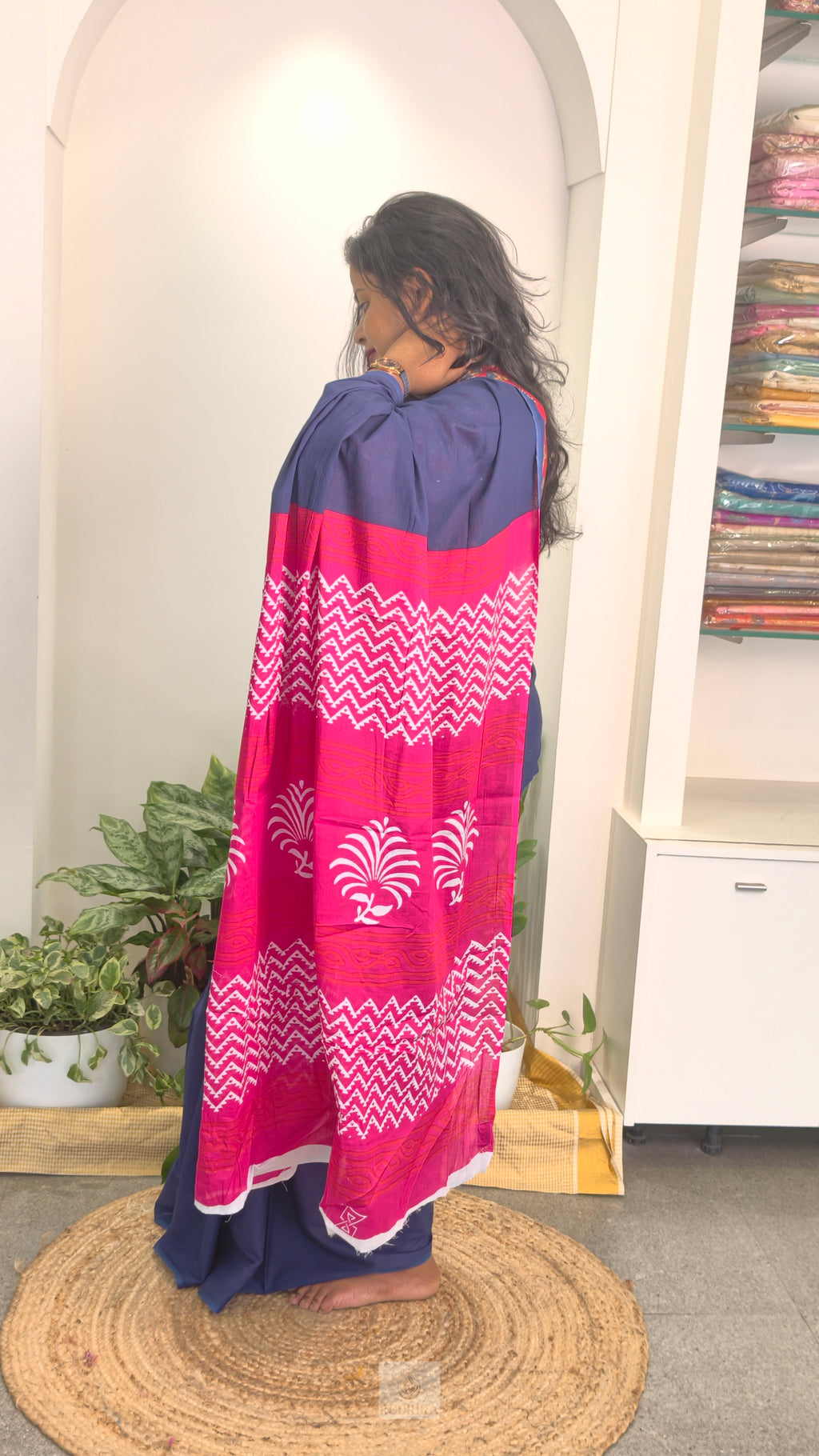 Soft Cotton Saree - blue and pink