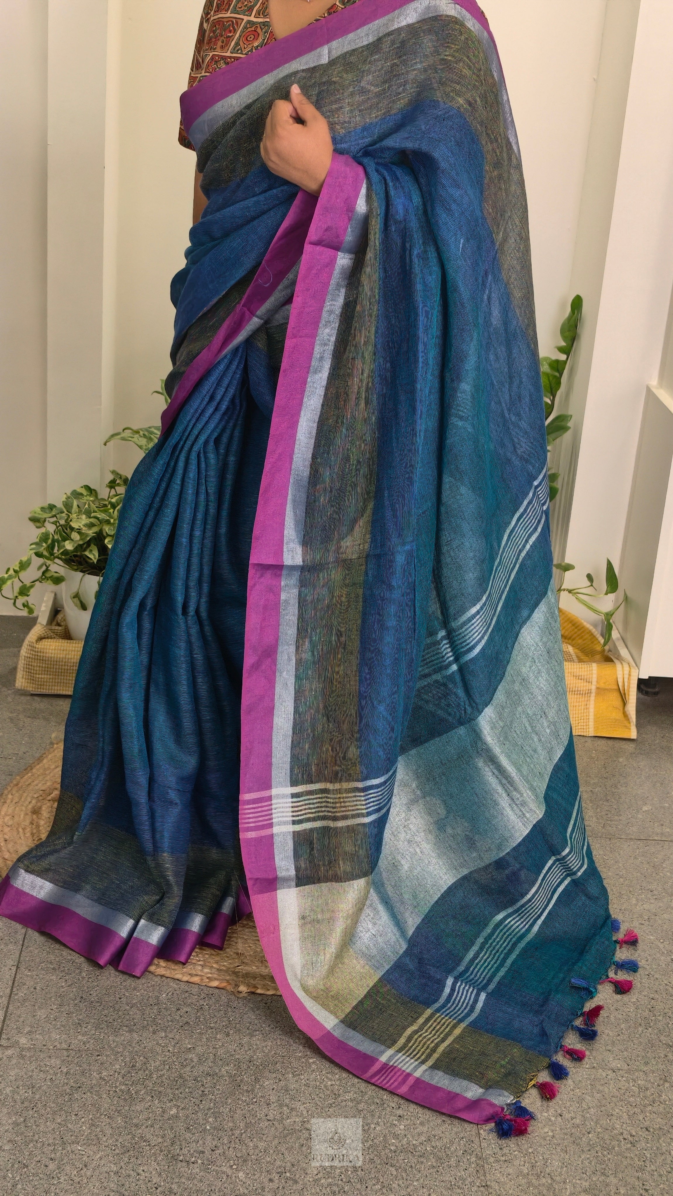 Linen saree - blue with pink border