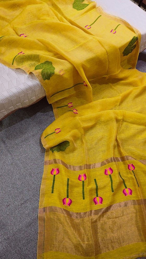 Silk Linen Sarees-Tulip style Floral Motifs