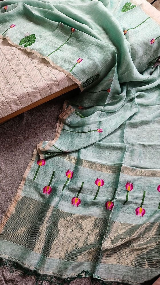 Silk Linen Sarees-Tulip style Floral Motifs