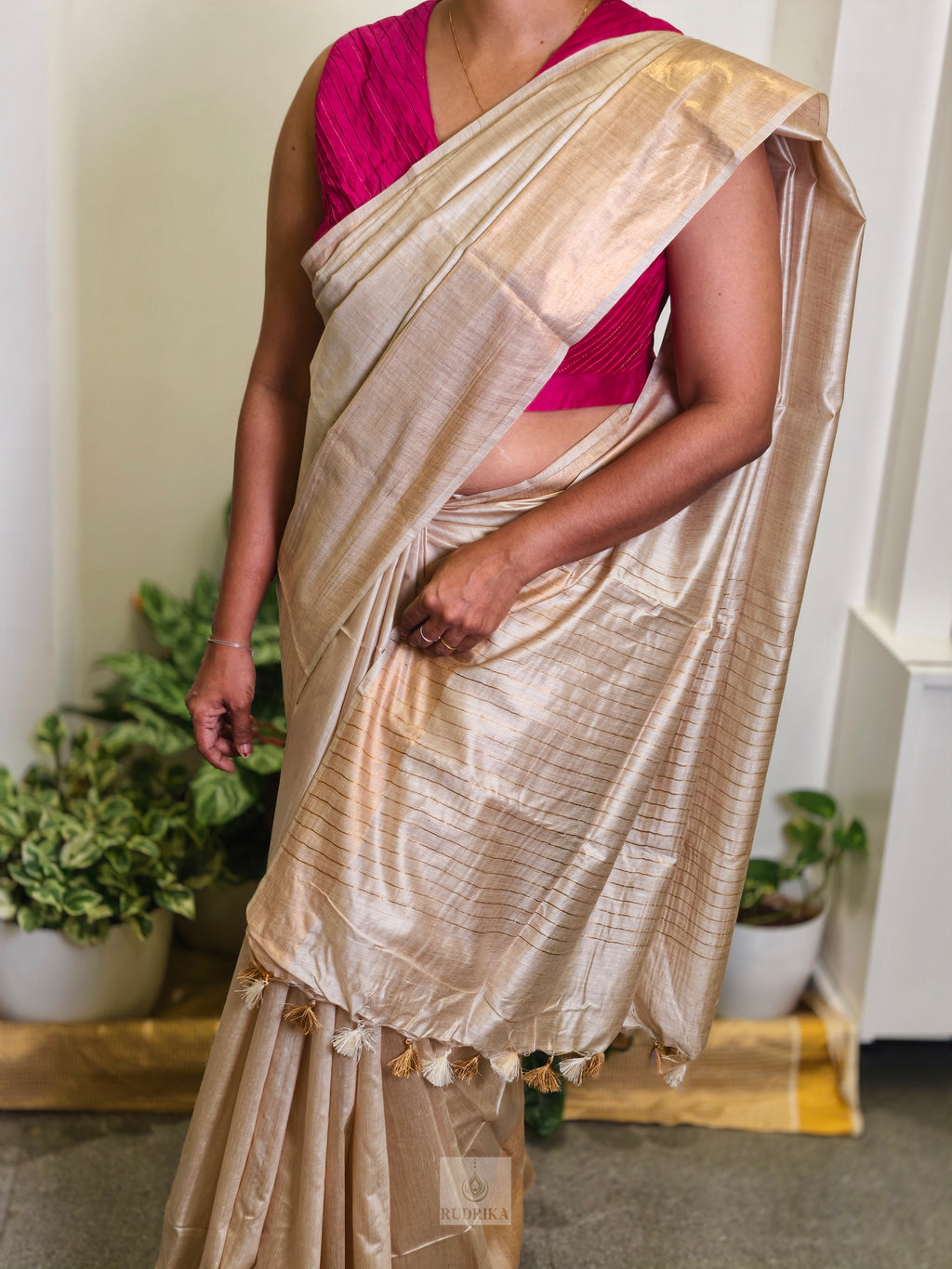 Muga Tussar Silk Saree Plain with Zari