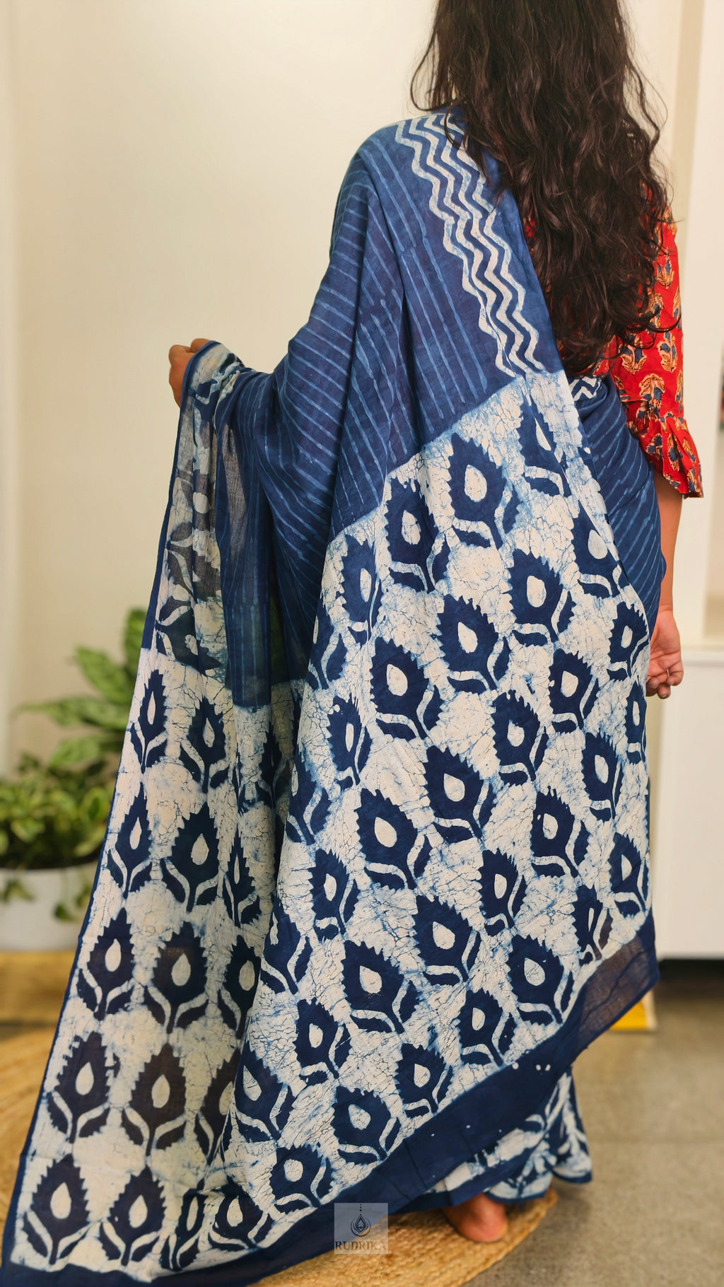 Soft cotton saree - indigo with stripes and flower motifs