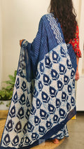 Soft cotton saree - indigo with stripes and flower motifs