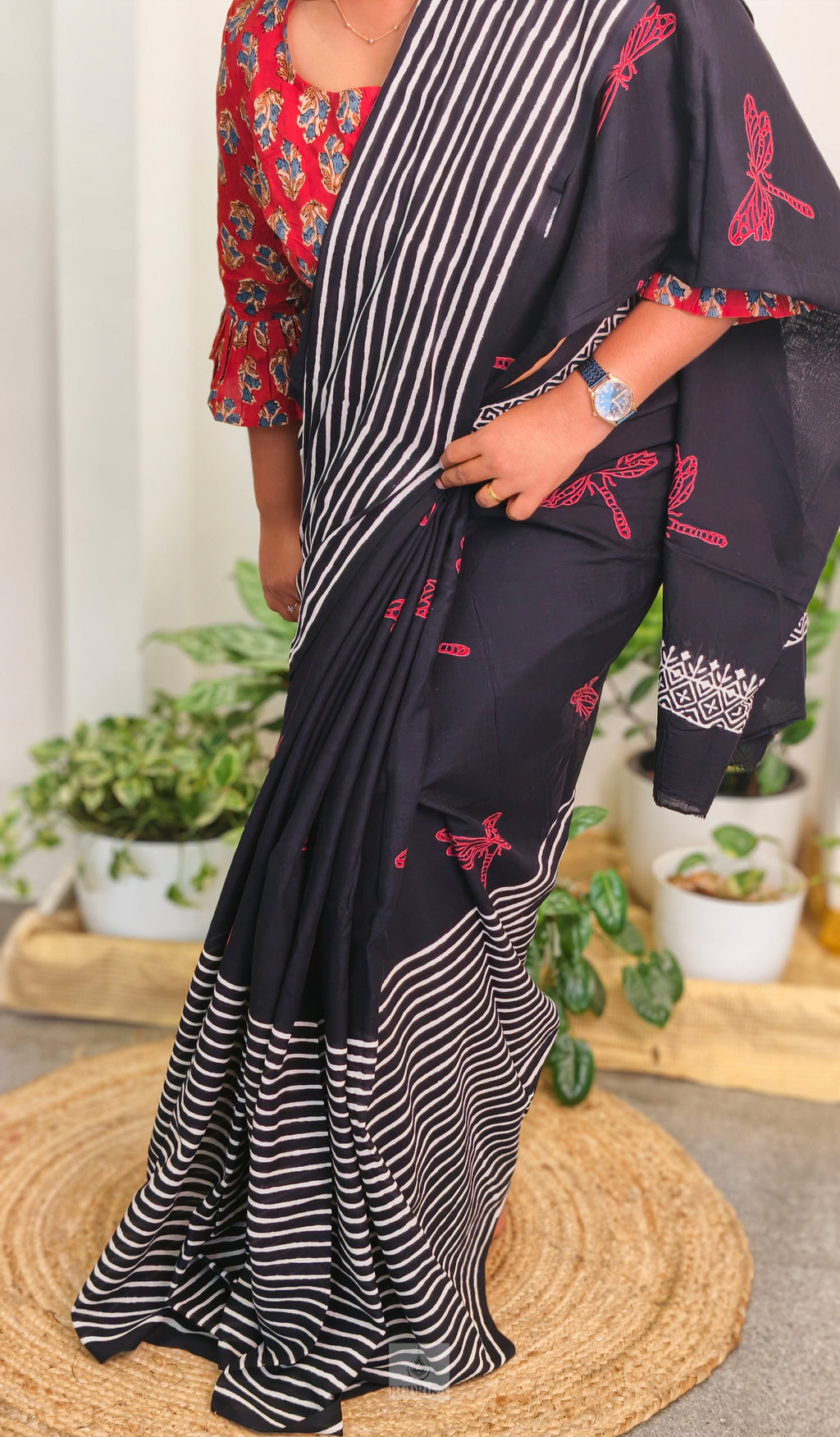 Soft cotton saree - black with red dragon flies
