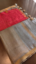 Linen - beige brown with gold zari stripes