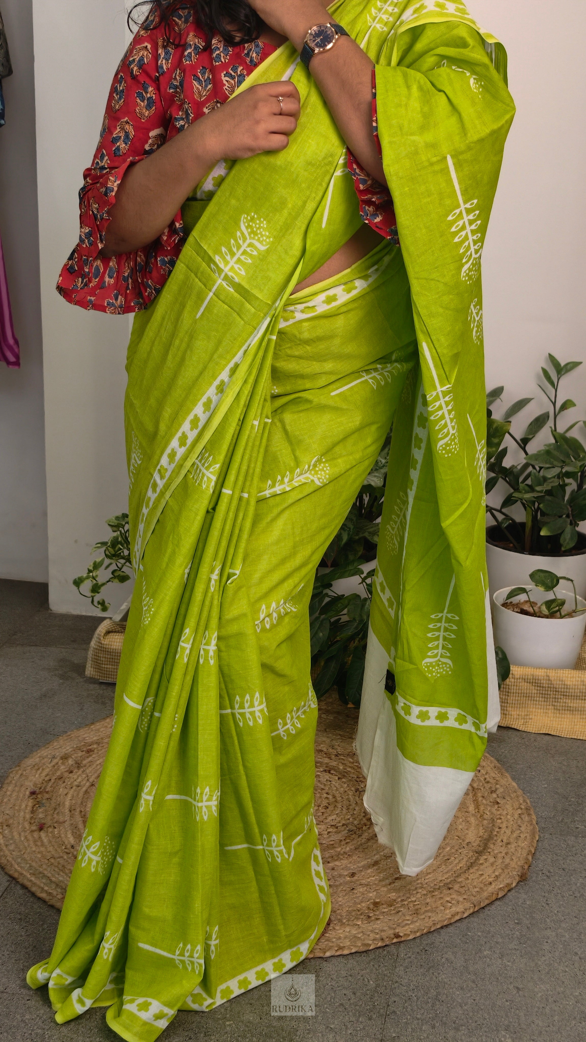 Soft cotton saree - lime green