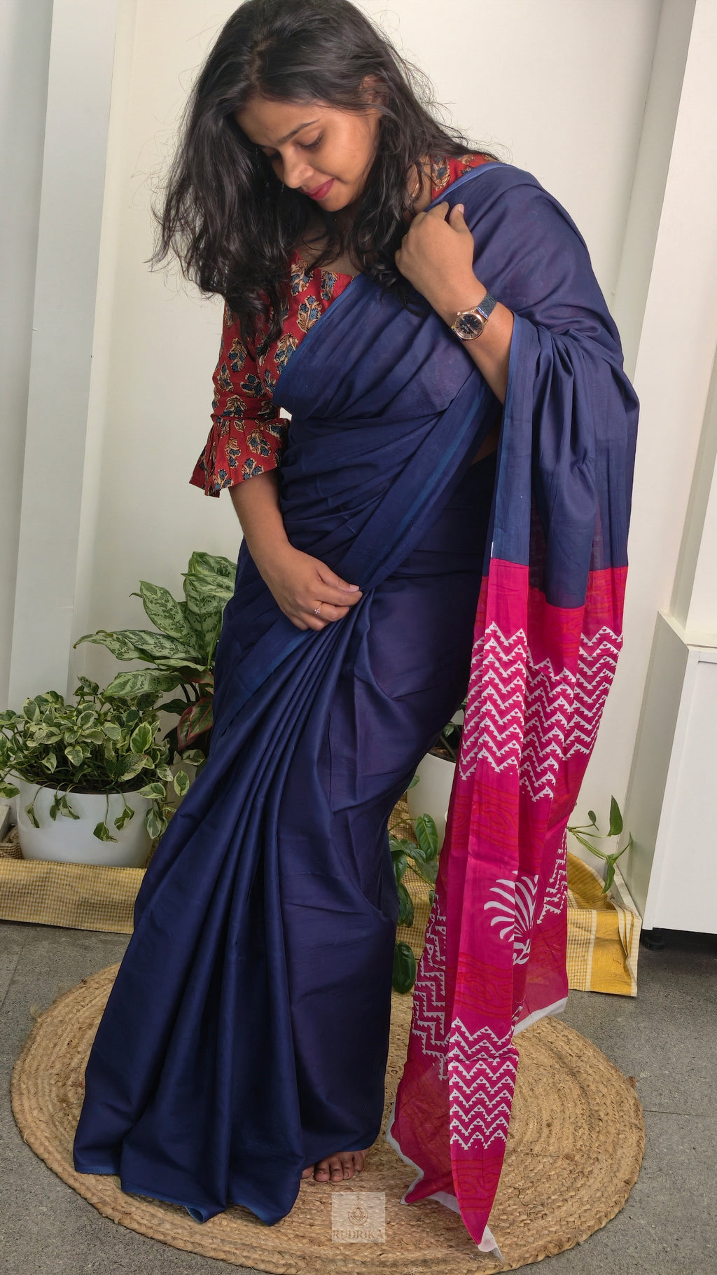 Soft Cotton Saree - blue and pink