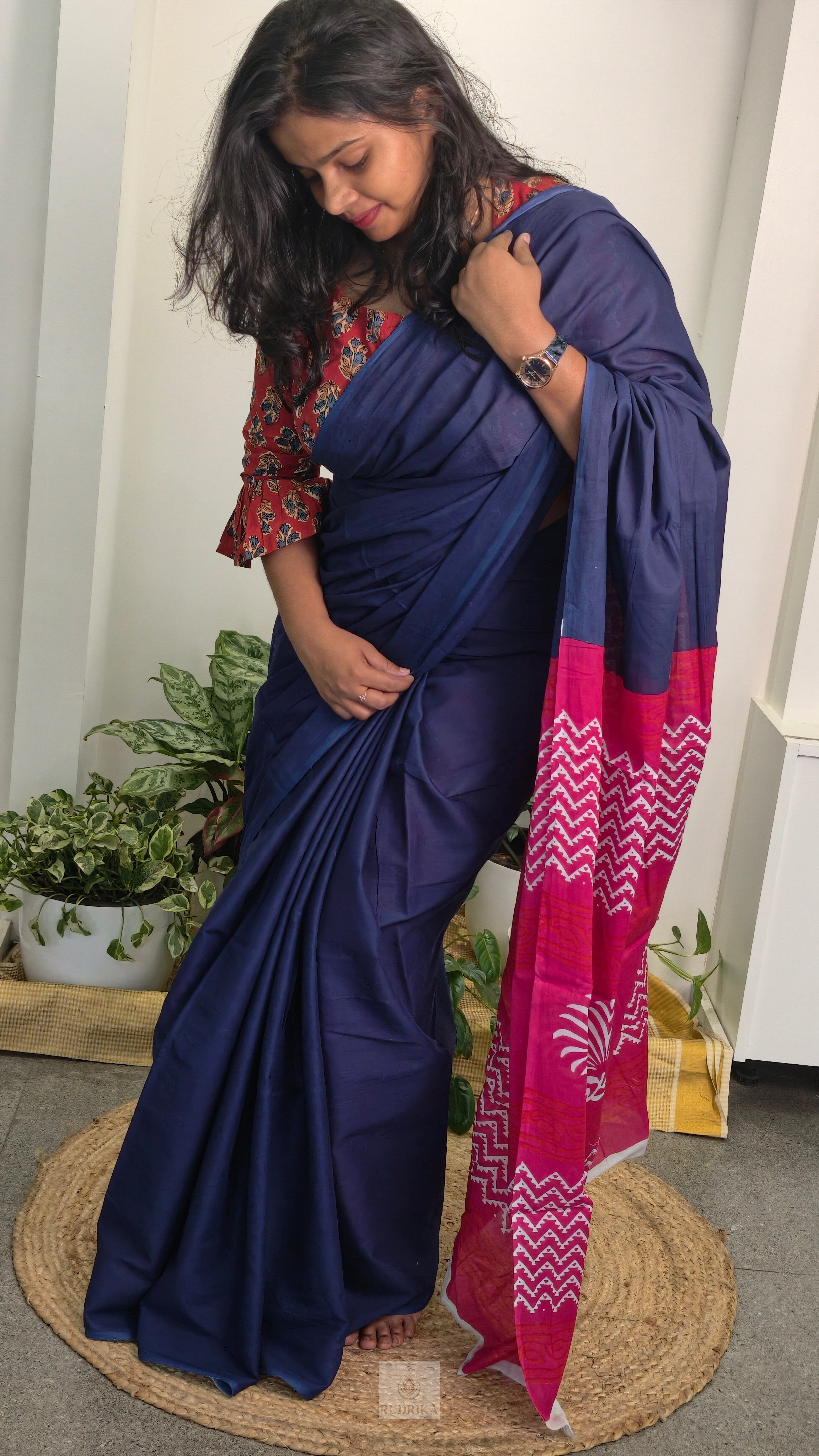 Soft Cotton Saree - blue and pink