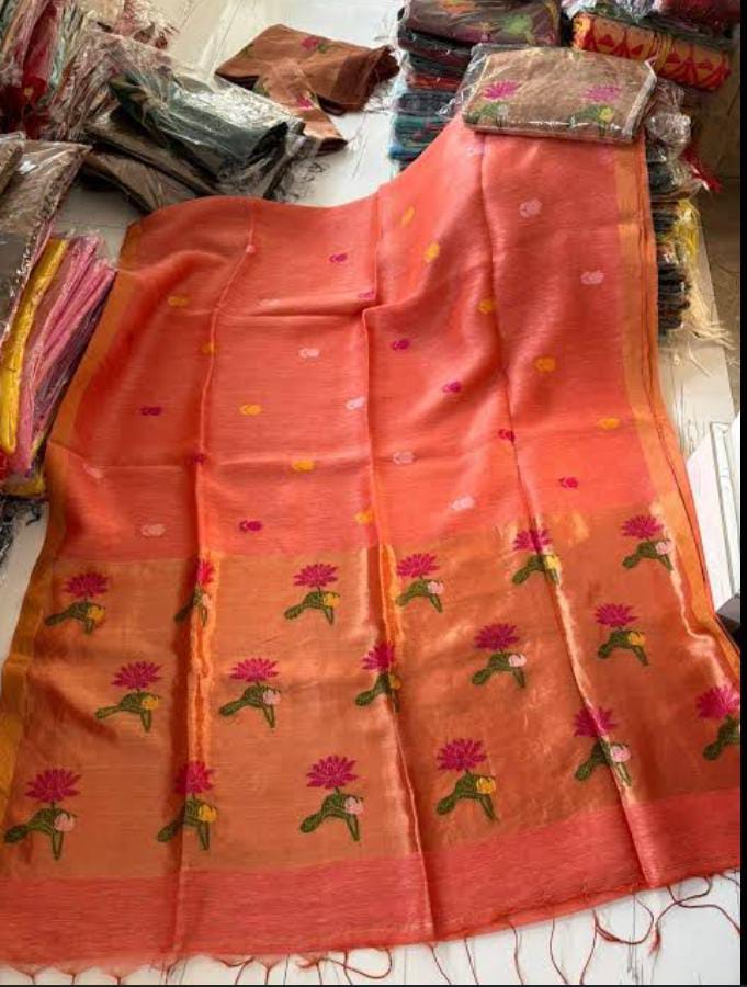 Linen Sarees with Peacock and Floral Motif